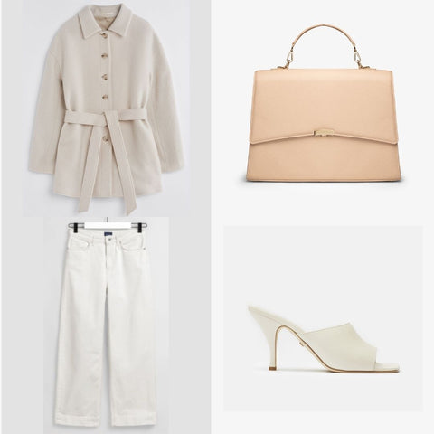 Light beige cream outfit for women in business with a work bag