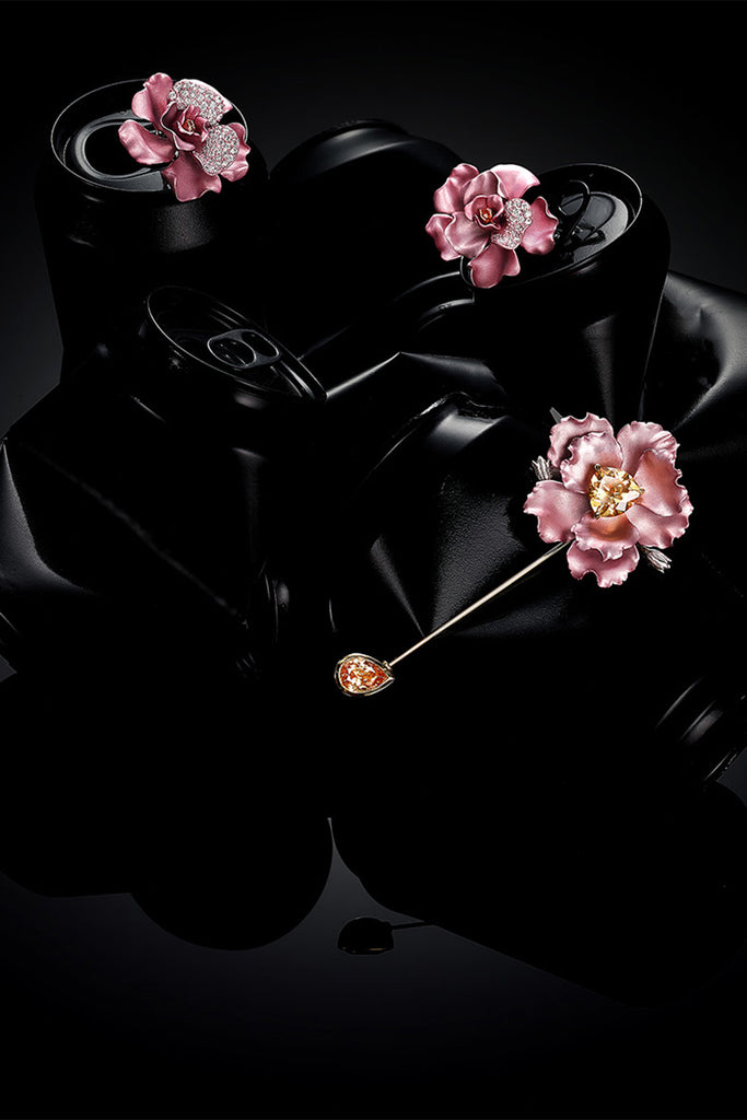 Anabela Chan_Blush Parrot Bloom Pin_Blush Camelia Earrings-Campaign Shot