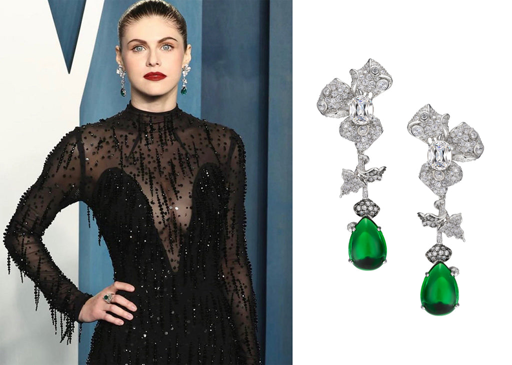 Anabela Chan Joaillerie_AC x the Oscars_Alexandra Daddario wears the Anabela Chan Joaillerie Orchid Diamond Emerald earrings at the 2022 Academy Awards