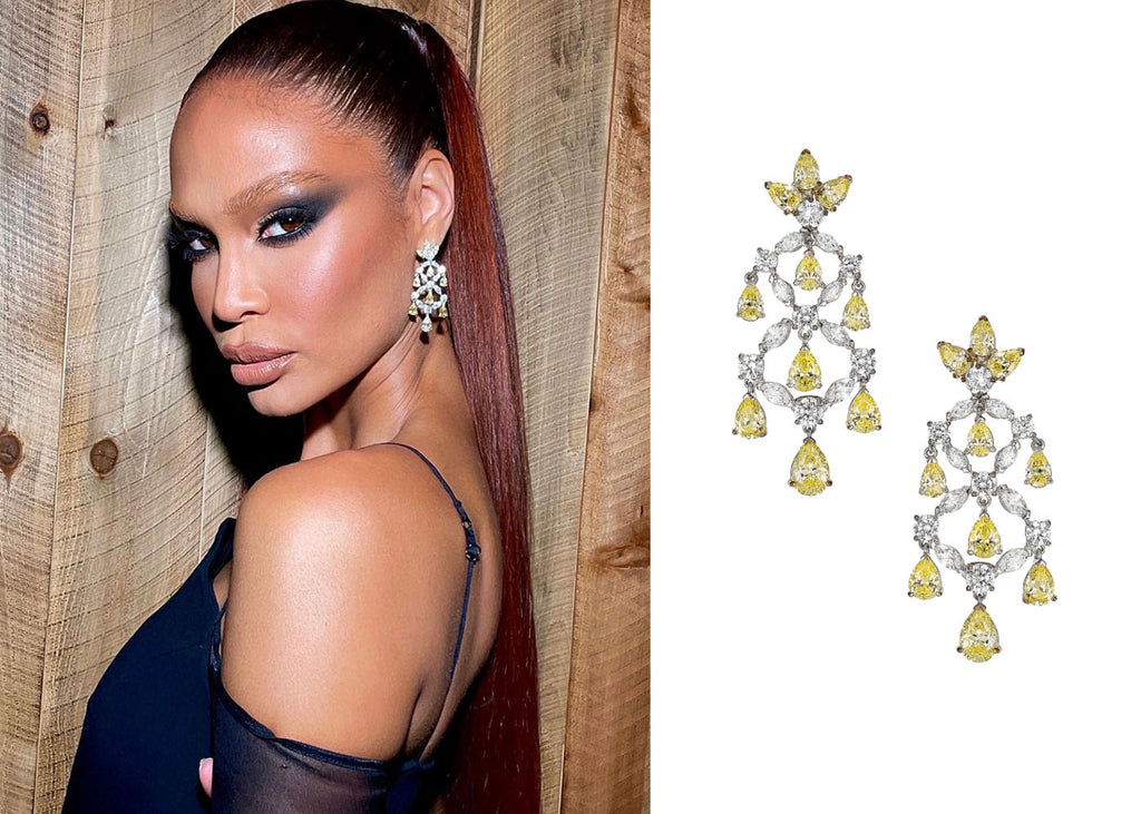 Anabela Chan Joaillerie_AC x the Oscars_Joan Smalls wears the Anabela Chan Joaillerie Canary Chandelier Earrings at the 2022 Academy Awards