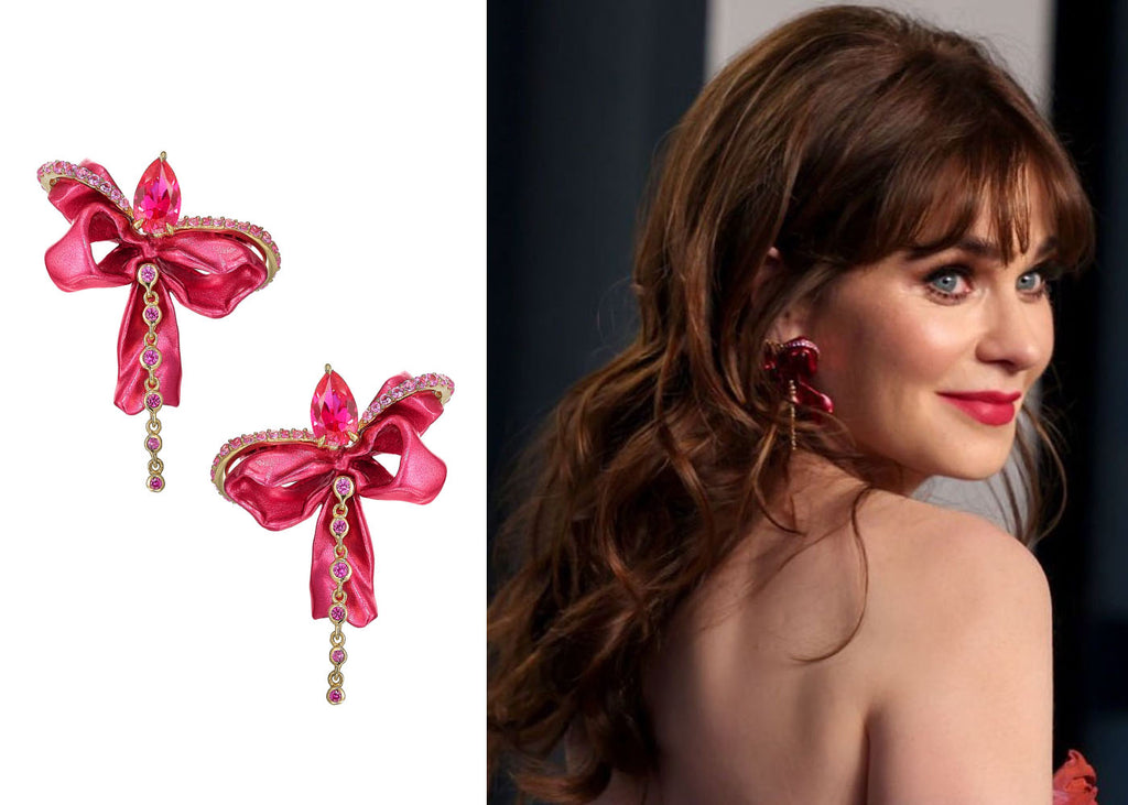 Anabela Chan Joaillerie_AC x the Oscars_Zooey Deschanel wears the Anabela Chan Joaillerie Ruby Cupid's Bow Earrings, Fuchsia Nova Bracelet & Fuchsia Sapphire Bloom Ring at the 2022 Academy Awards