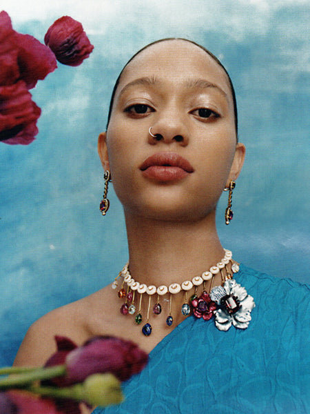 Anabela Chan Joaillerie_Ruby Baby Blue Poppy Brooch & Amethyst Ruby Rose Earrings (worn as a brooch) from ATELIER FUTURE Capsule Collection_VOGUE U.K.