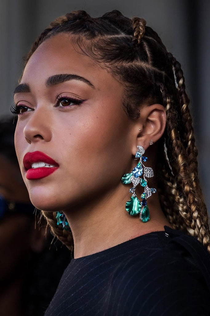 Jordyn Woods wearing Paraiba Poseidon Earrings for Paris Fashion Week on October 2, 2023 in Paris, France