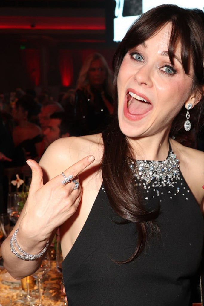 Zooey Deschanel wears the Anabela Chan Joaillerie Diamond Shard and Diamond Spectra Bracelets