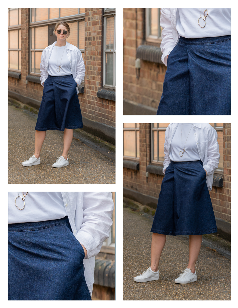 Woman Wearing Indigo Pleated Denim Skirt