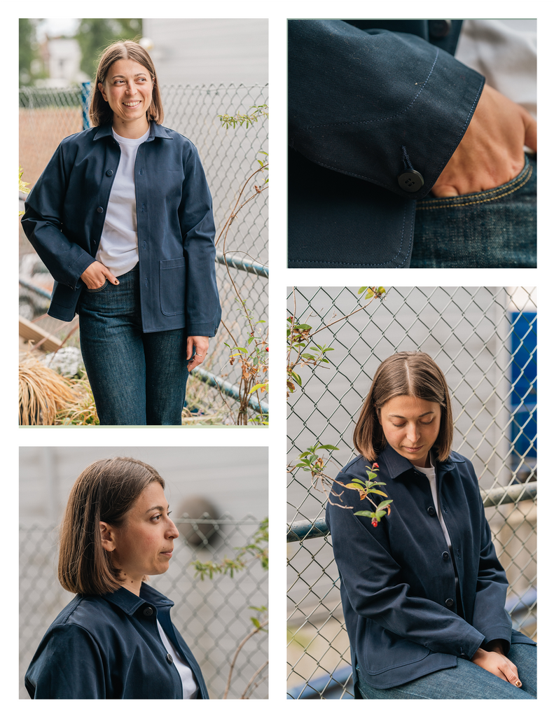 Woman wearing a Navy Twill Overshirt made by Blackhorse Lane Ateliers.