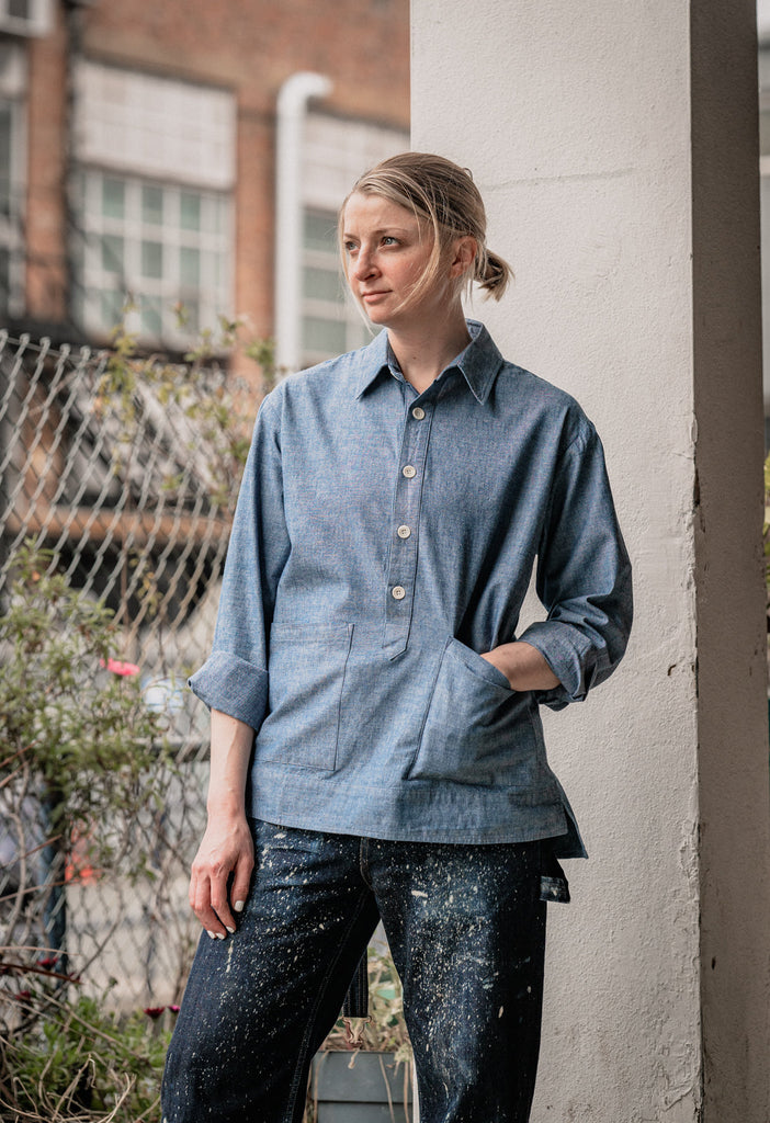 woman wearing the SW3 Chambray Smock Popover made by Blackhorse Lane Ateliers