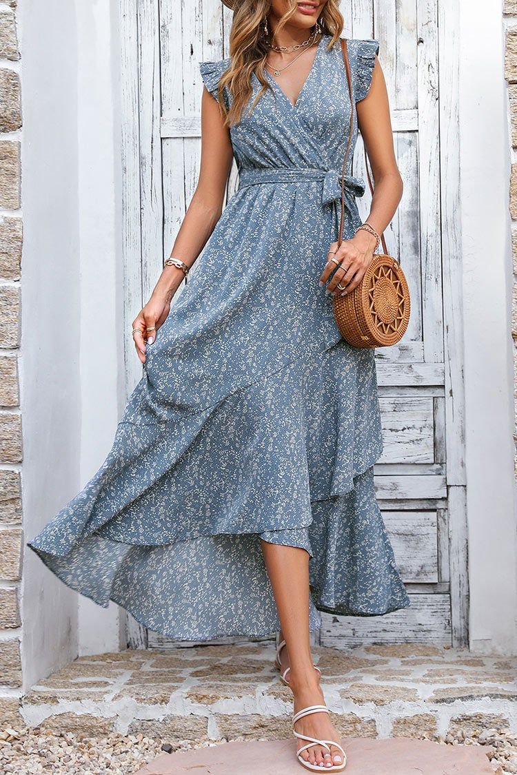 Summer Wrap V Neck Ruffle Floral Print Maxi Dress freeshipping ...