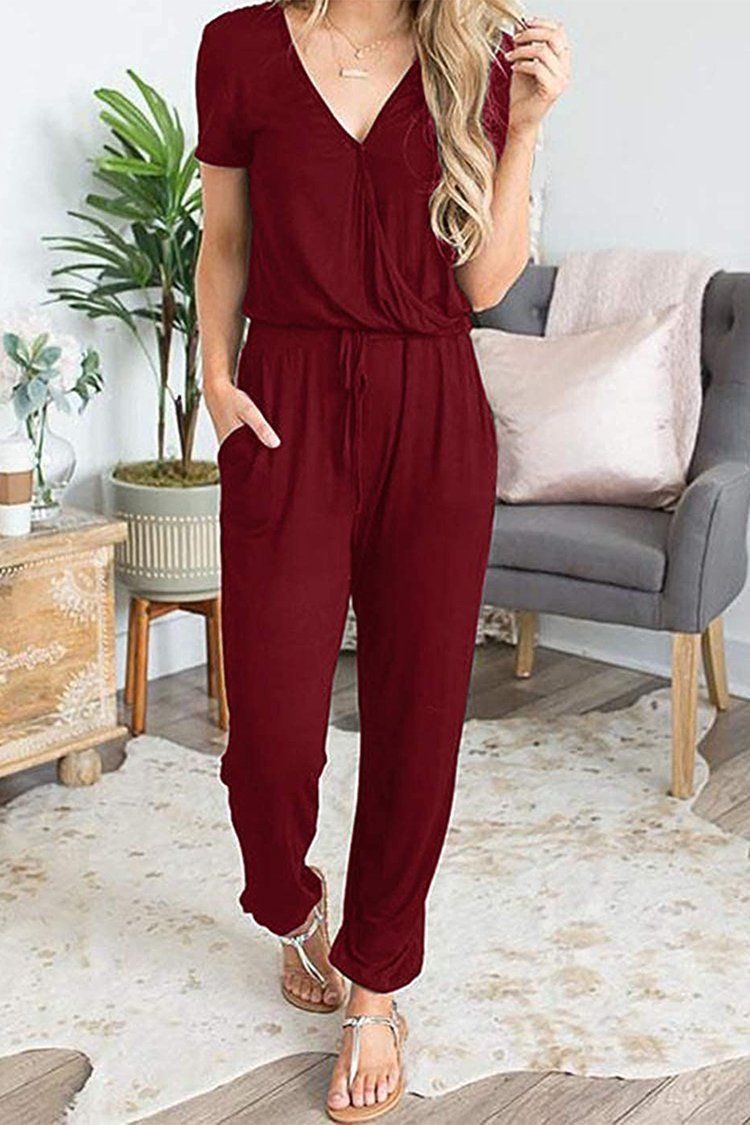 PRETTYGARDEN Women's Summer Casual Deep V Neck Short Sleeve Wrap Drawstring  Waist Jumpsuit Romper