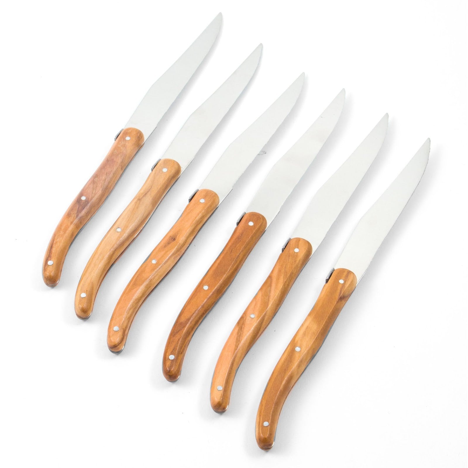 Set of six olivewood handle steak knives.