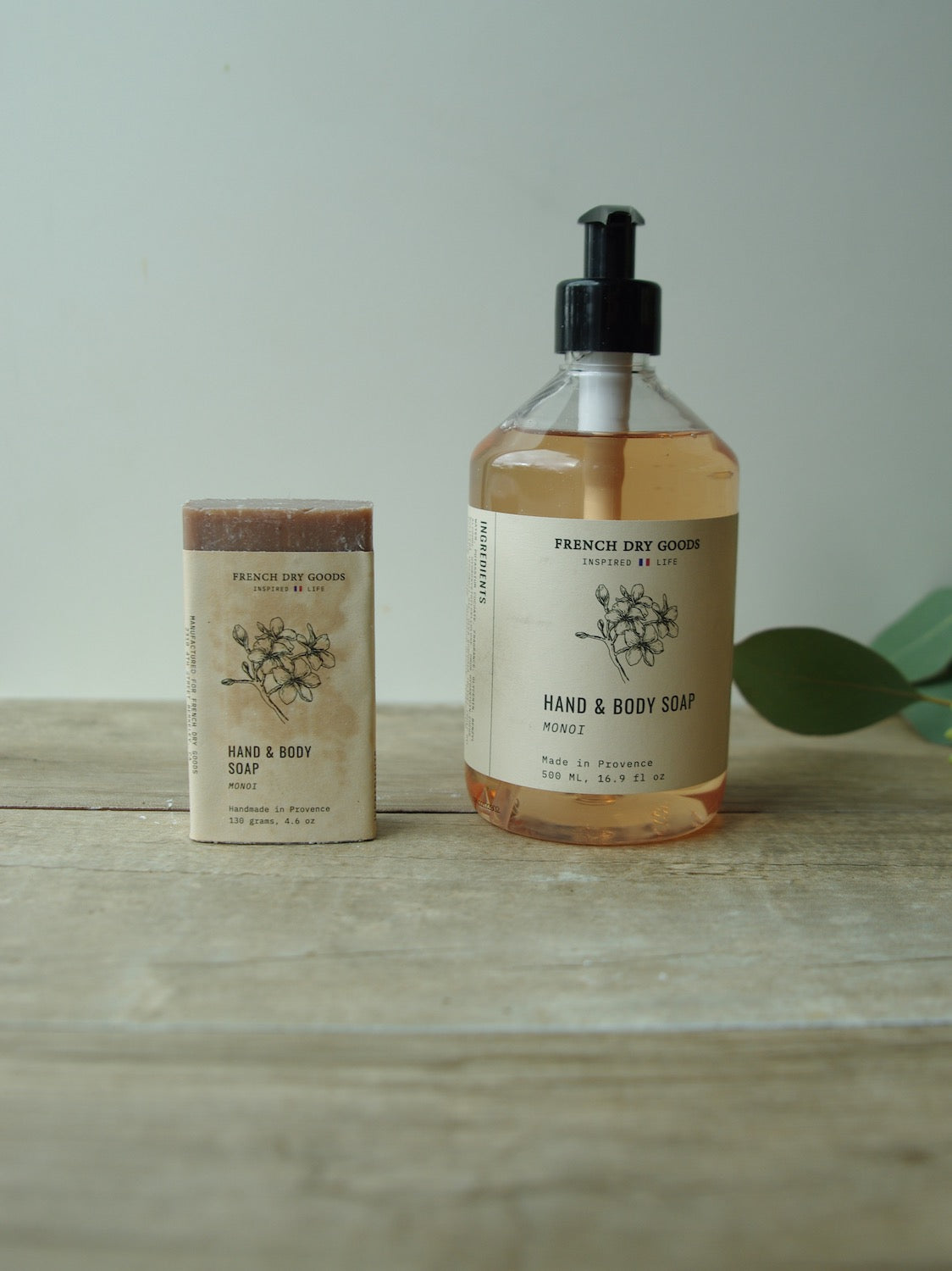French Dry Goods Monoi hand and body soap in liquid pump and solid bar.