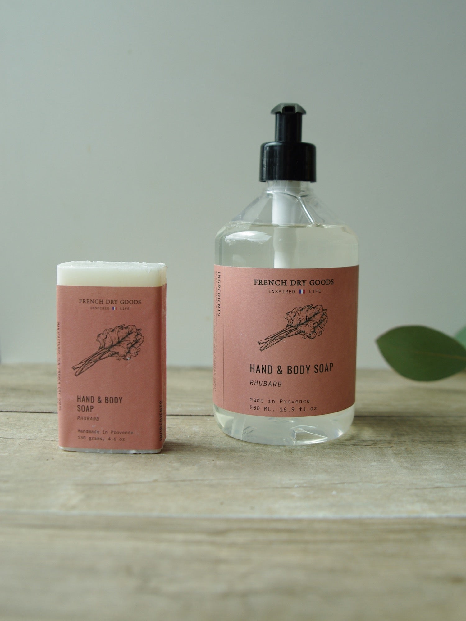 French Dry Goods branded liquid soap and soap bar in rhubarb.