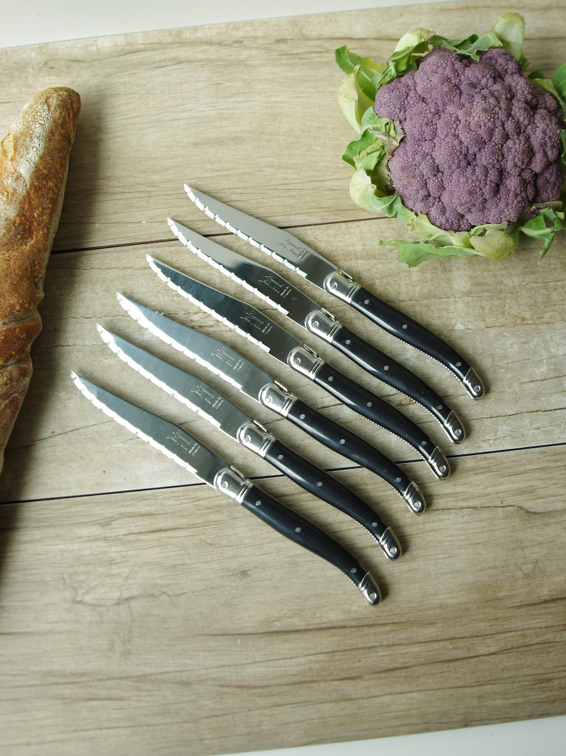 Laguiole Steak Knives Set of 6 – 6 Mixed wood – Brass Bolsters