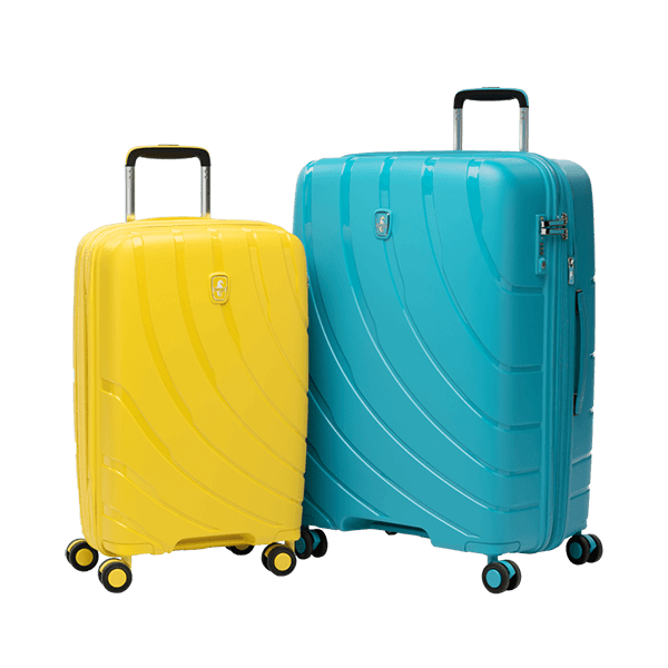 atlantic hardshell luggage shown in sunshine yellow and surf teal