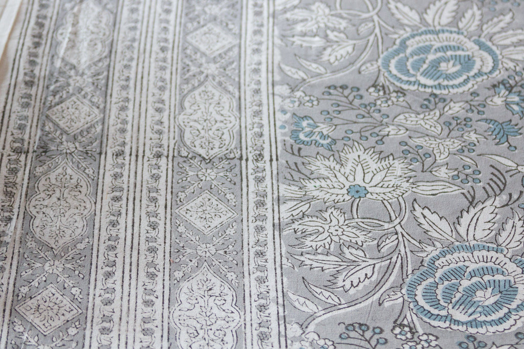 Periwinkle Rose Block Print Cotton Bed Spread (Trade)