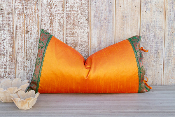 Orange Large Festive Indian Silk Queen Lumbar Pillow Cover