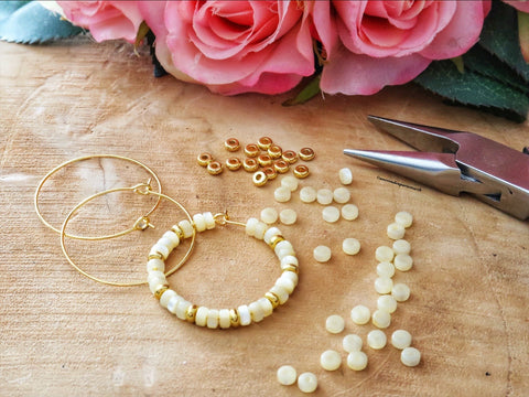 create mother-of-pearl heishi bead hoop earrings