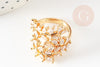 Adjustable brass ring laurel leaf zircons, women's ring birthday gift, golden brass ring, 17mm, X1 G4253
