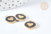 Pendentif médaille rond cœur émail noir zamac doré, création bijou amour, l'unité G7421-Gingerlily Perles