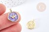 Round butterfly medal pendant purple enamel golden brass 18mm, enameled brass pendant, nickel free, unit G8552 