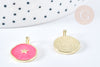 Round star medal pendant pink enamel golden brass 18mm, enameled brass pendant, nickel free, unit G8550 