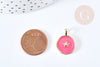 Round star medal pendant pink enamel golden brass 18mm, enameled brass pendant, nickel free, unit G8550 