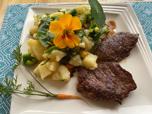 Ostrich Fillet with Potato Salad from the Garden