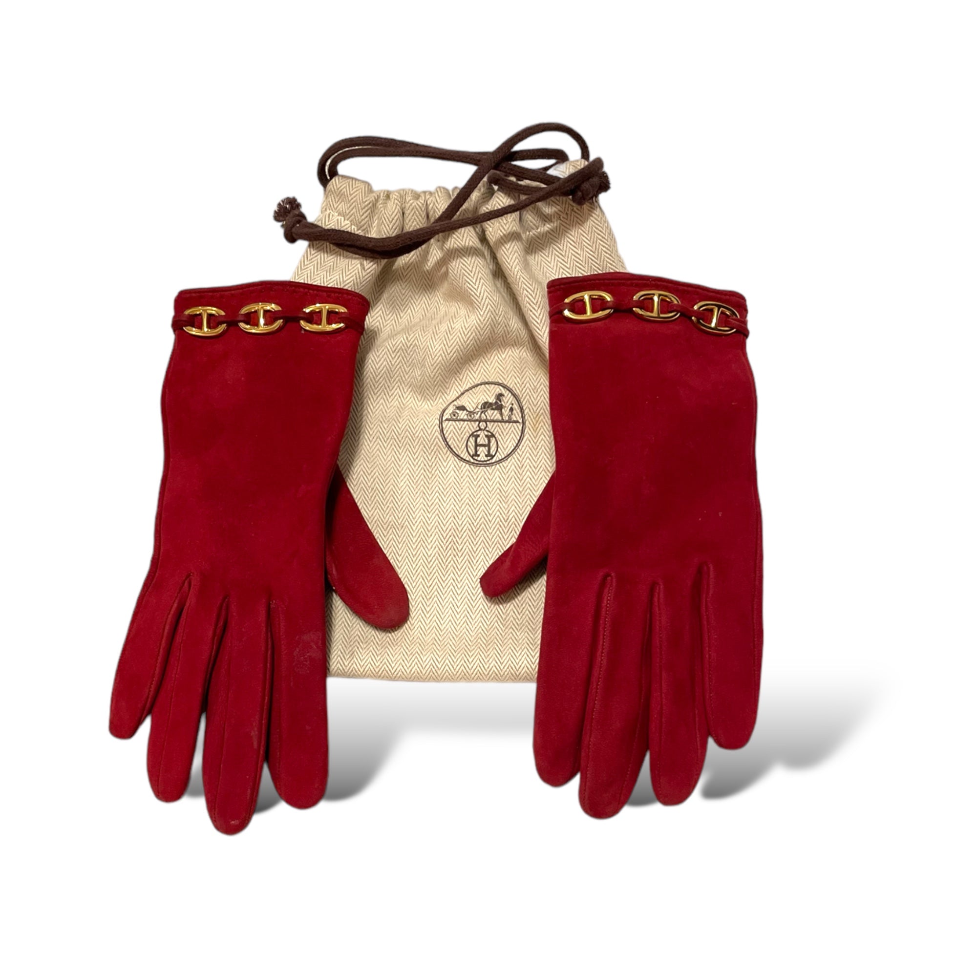 HERMÈS Link Vintage Dark Red Suede Gloves |Size: 7|