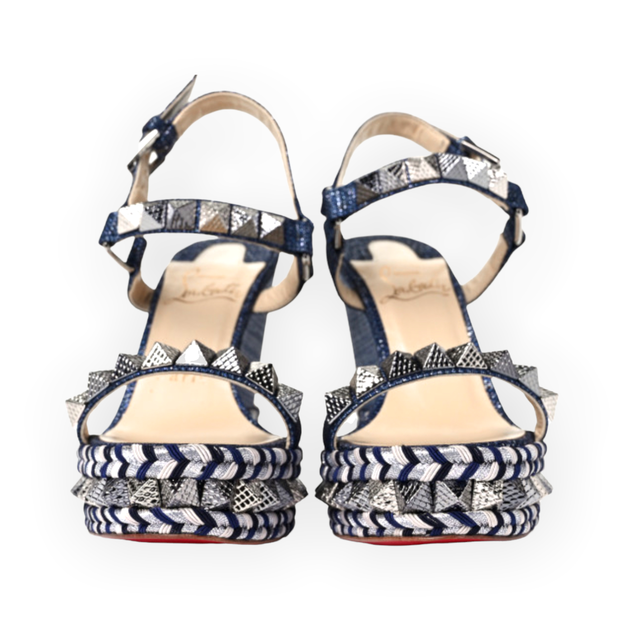 CHRISTIAN LOUBOUTIN Denim Lame Lux Pyraclou 110 Wedge Sandals |Size: 3