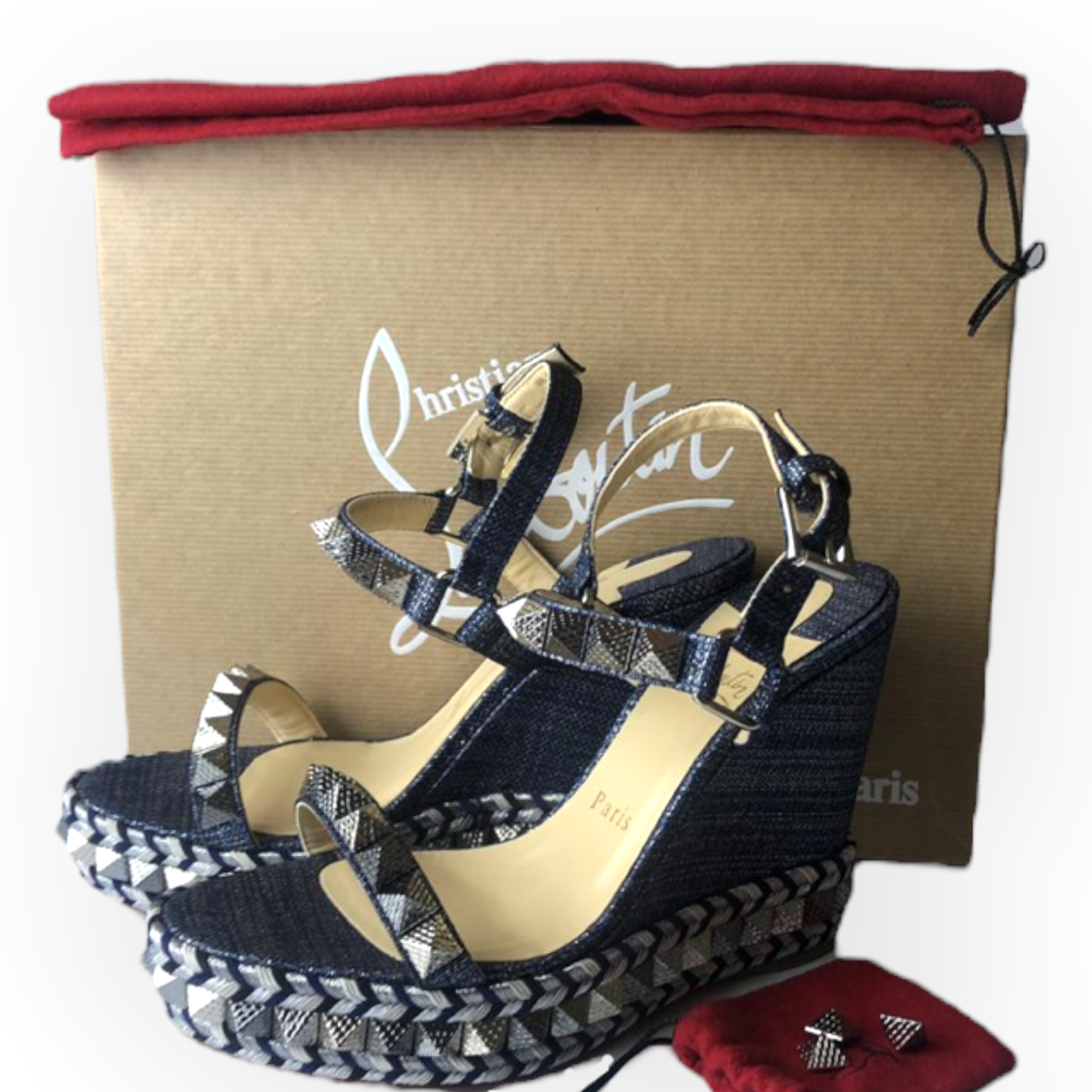 CHRISTIAN LOUBOUTIN Denim Lame Lux Pyraclou 110 Wedge Sandals |Size: 3