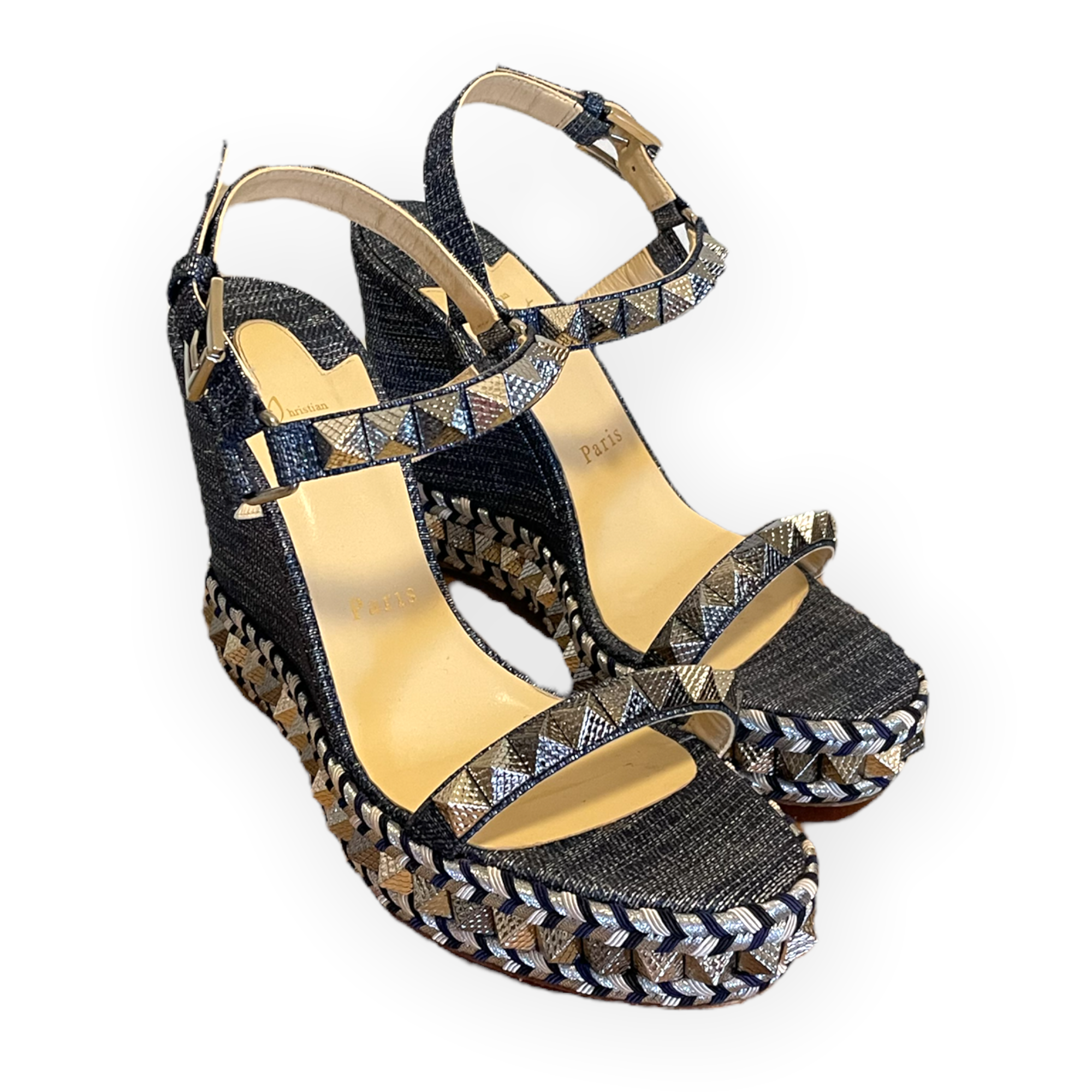 CHRISTIAN LOUBOUTIN Denim Lame Lux Pyraclou 110 Wedge Sandals |Size: 3