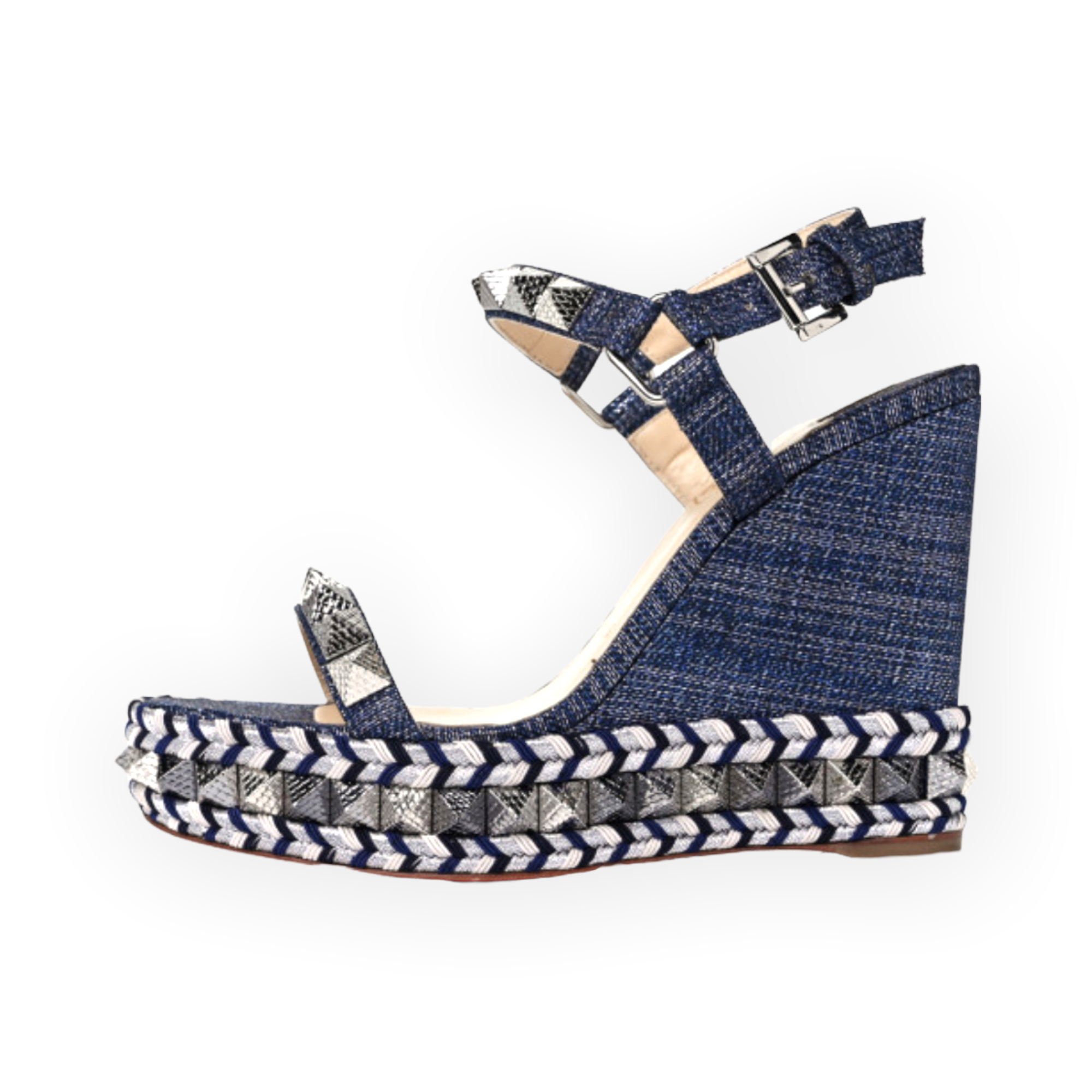 CHRISTIAN LOUBOUTIN Denim Lame Lux Pyraclou 110 Wedge Sandals |Size: 3