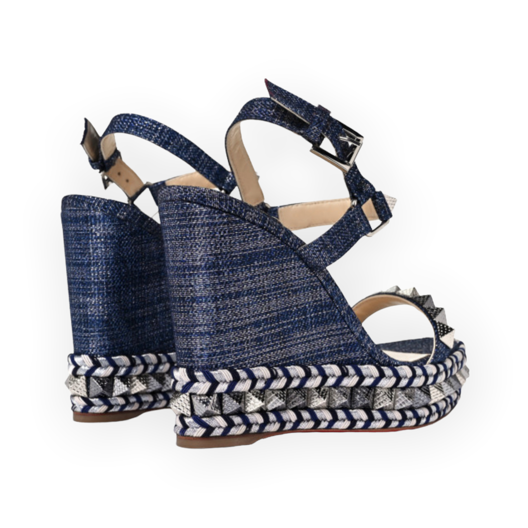 CHRISTIAN LOUBOUTIN Denim Lame Lux Pyraclou 110 Wedge Sandals |Size: 3