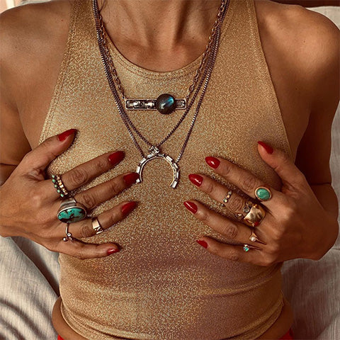 Various Rings, Necklaces, And Pendants Mixed In A Fashionable Manner
