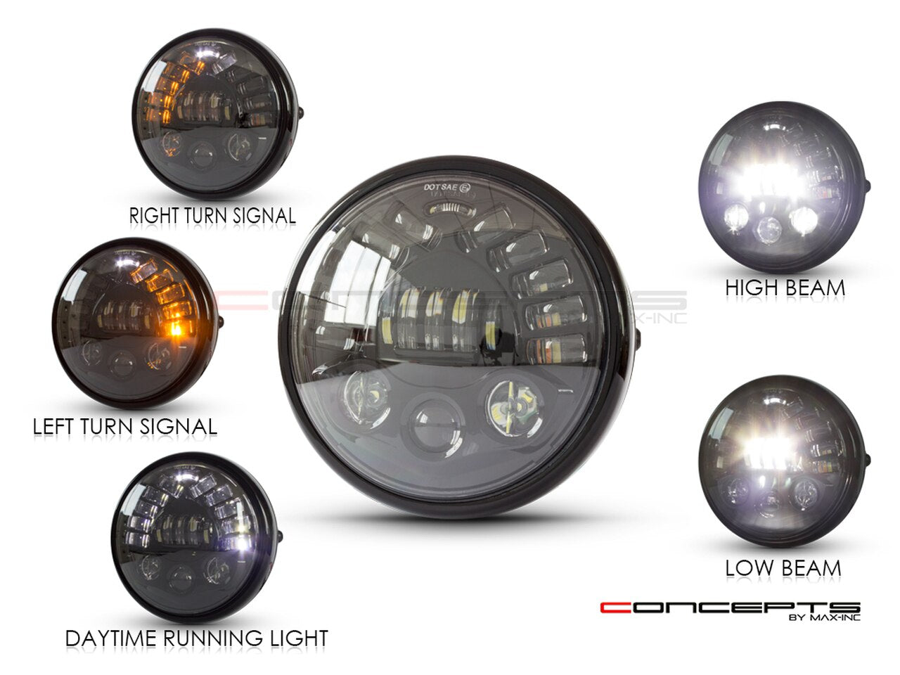7" Gloss Black Metal LED Headlight + Integrated Turn Signals