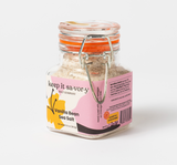 image of jar of Award-winning Vanilla Bean sea salt on white background