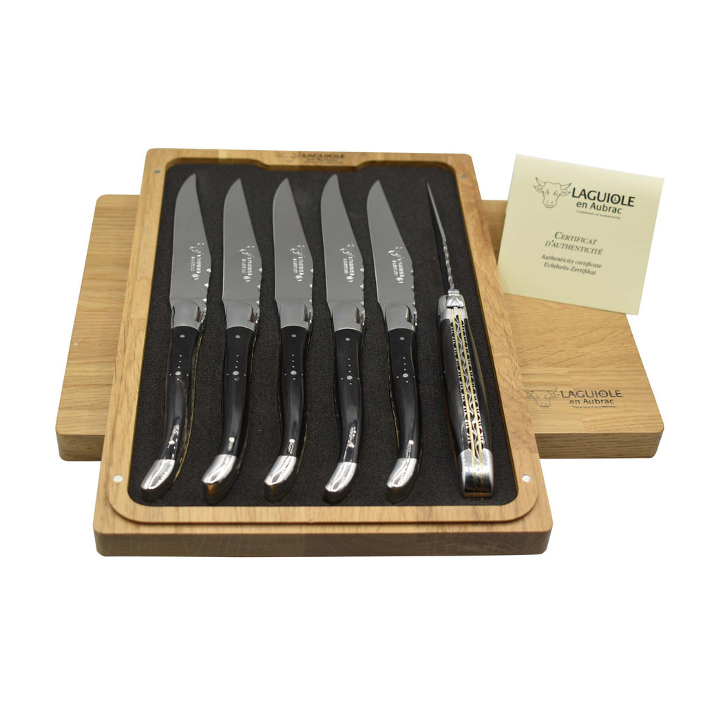 Laguiole en Aubrac Luxury Stainless Steel Fully Forged Steak Knives 6-Piece  Set With Mixed Colored Corian Handles, Stainless Steel Polished Bolsters