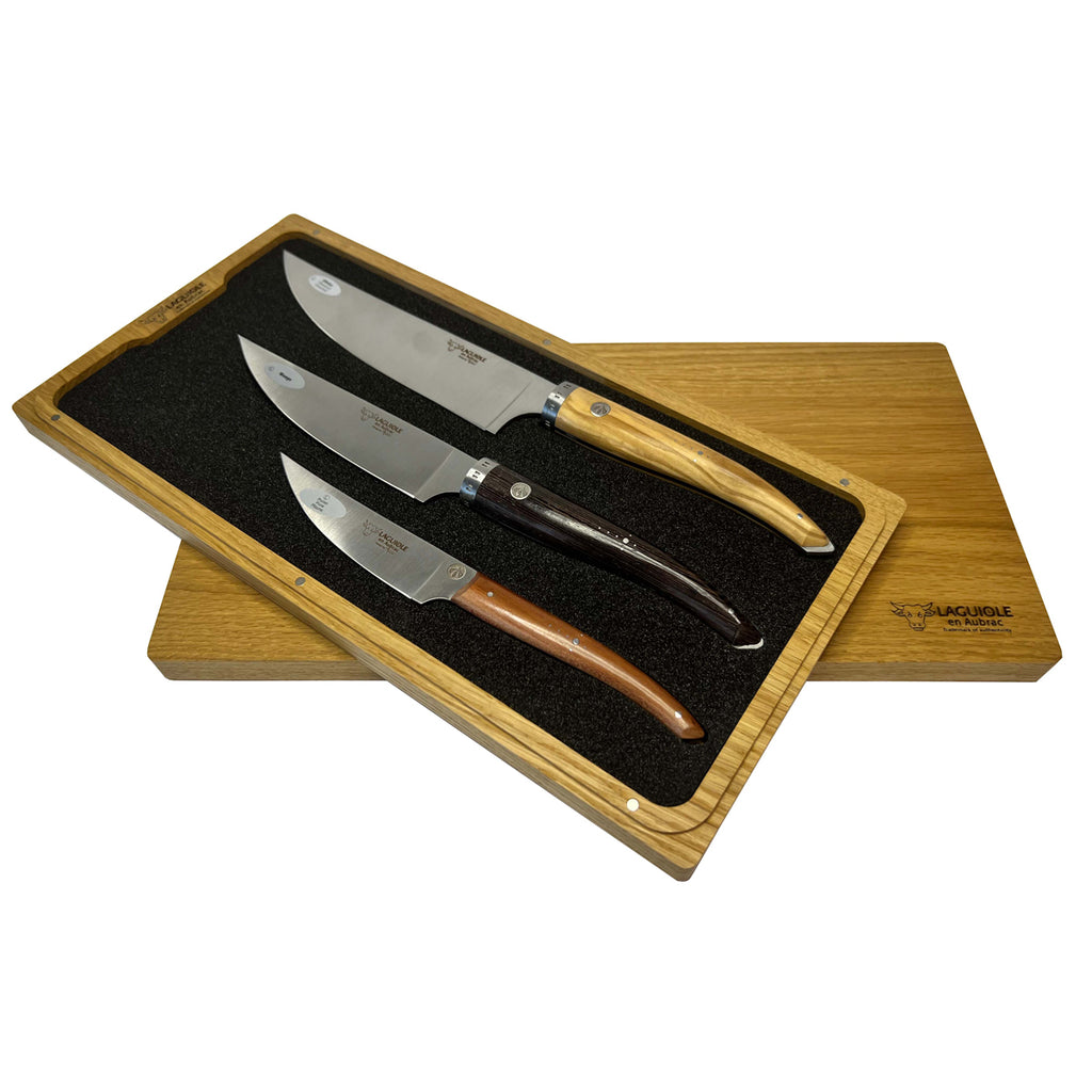 Laguiole en Aubrac Handcrafted 6-Piece Kitchen Knife Set with Mixed Wood Handles & Magnetic Oak Block