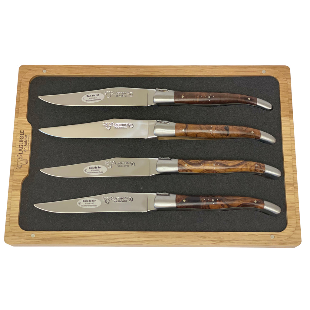 Forge de Laguiole Silver Stainless Steel Olive Wood Handle 6 Piece Steak Knife Set | Wood/Metal | Kathy Kuo Home