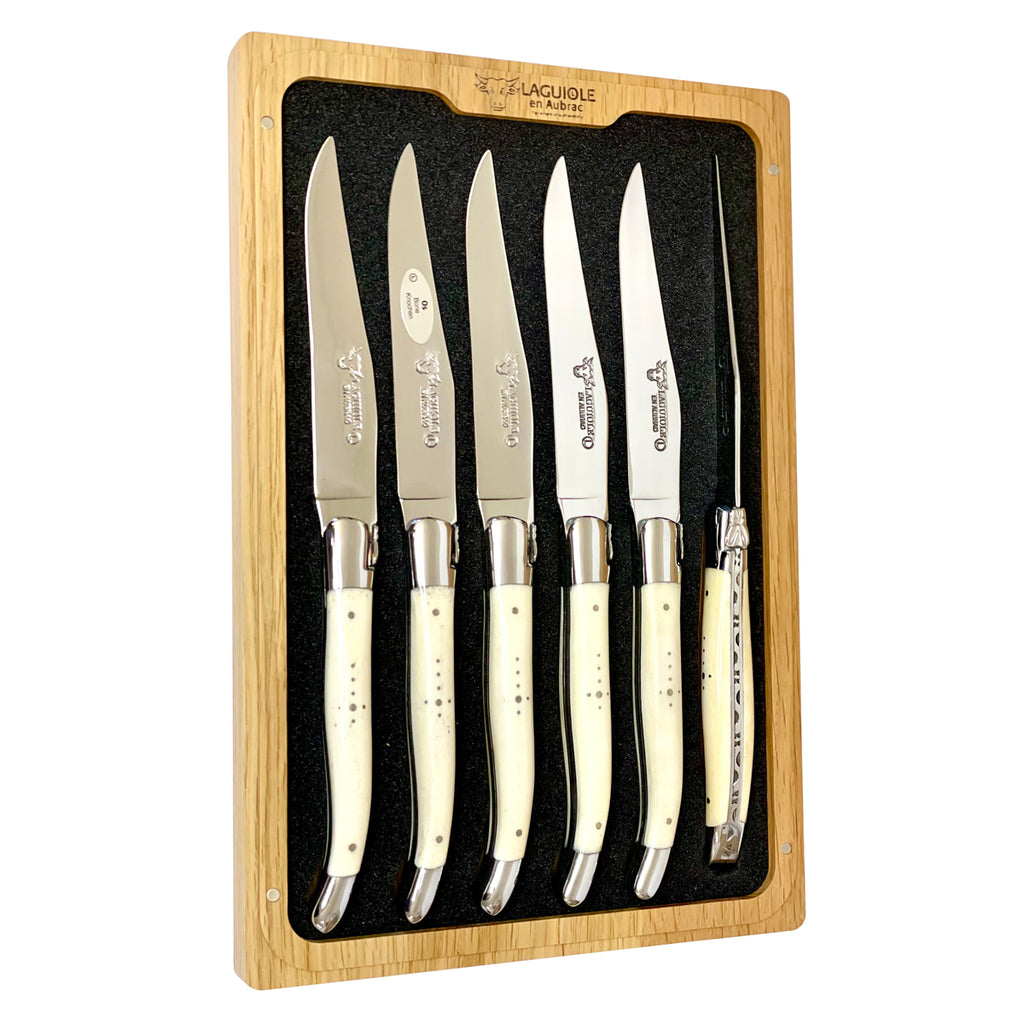 Set of 6 Laguiole en Aubrac Steak Knives Pressed Horn/Brass