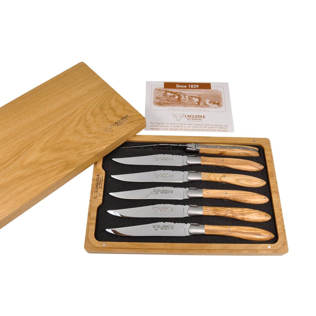 Forge de Laguiole Silver Stainless Steel Olive Wood Handle 6 Piece Steak Knife Set | Wood/Metal | Kathy Kuo Home