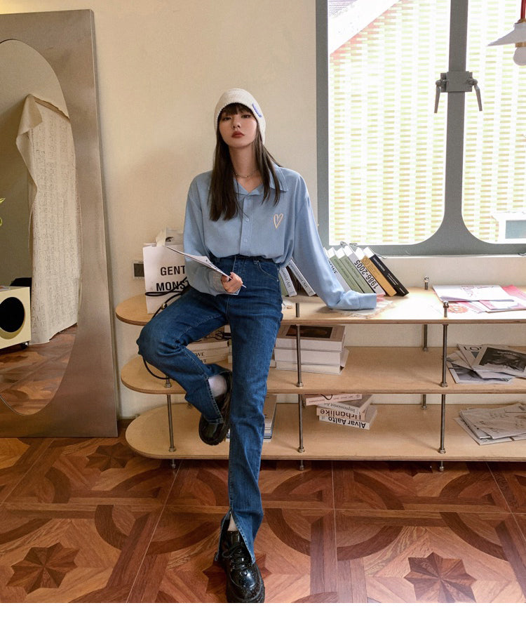 Cute Korean Style Jeans with a side slit | Korean Daily Fashion