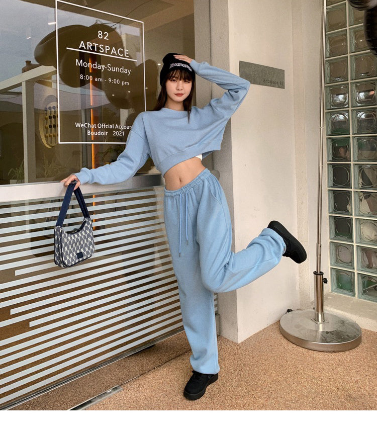 Korean Street Style Sweatpants and Cropped Sweatshirt