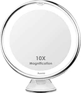11: Ansigtsspejl/ makeupspejl med 10 x forstørrelse & LED lys med 3 styrker., Hvid m. Sølvkant