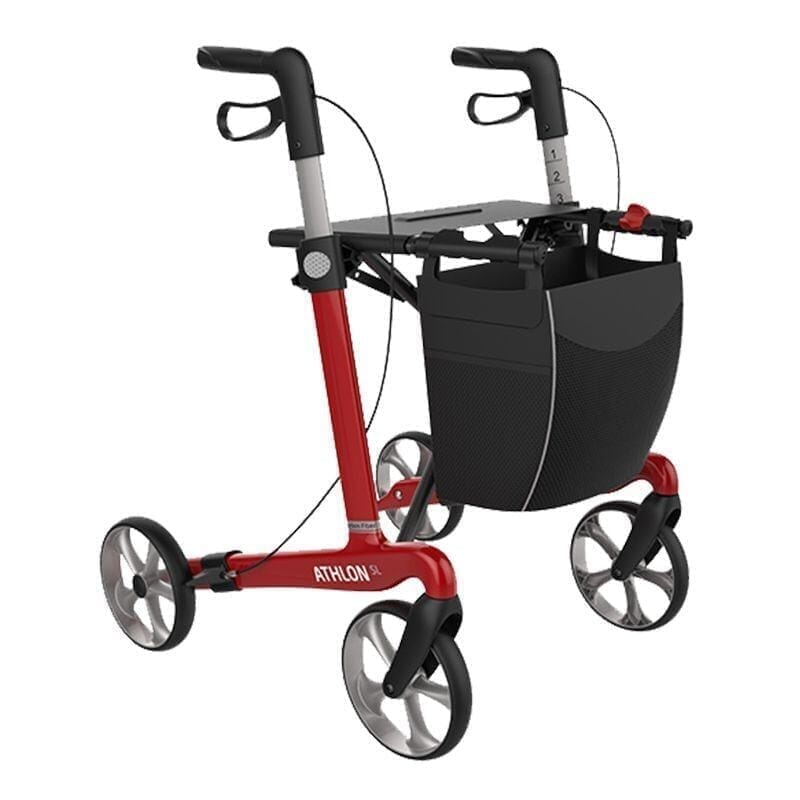 Billede af ATHLON SL, kulfiber rollator - Super lækker, smart og ultra let. Vejer kun 5,1 kg, Rød med bløde hjul / 62 cm.