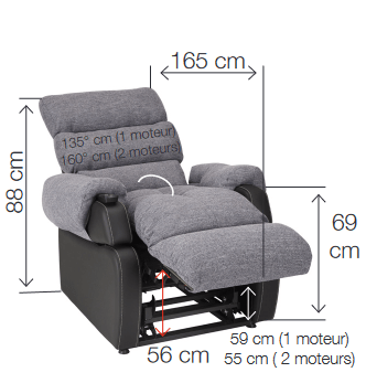 "XXL COCOON" Læne/hvilestol. Sædebredde 65 cm. Beriatrisk. Hæve/sænke funktion, Grå tekstil - sort kant/ramme (PU)