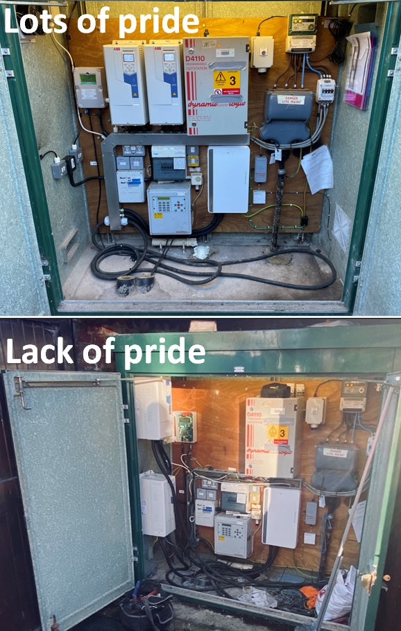 edc engineers before and after site pictures of a poor installation remedied by an edc drive engineer