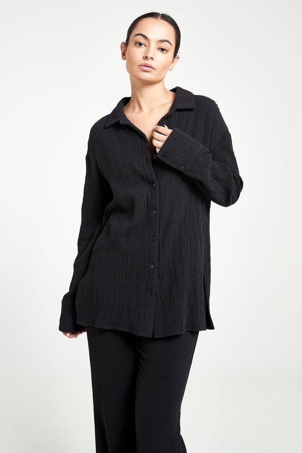 Wide Sleeve Crinkle Satin Button-Up Shirt