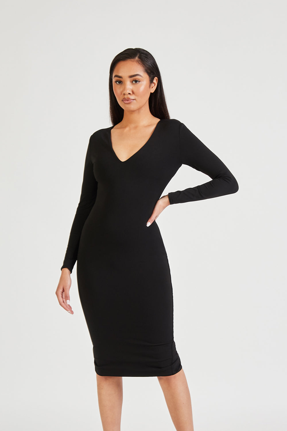 Longsleeve V Neck Midi Dress - Black – BOA
