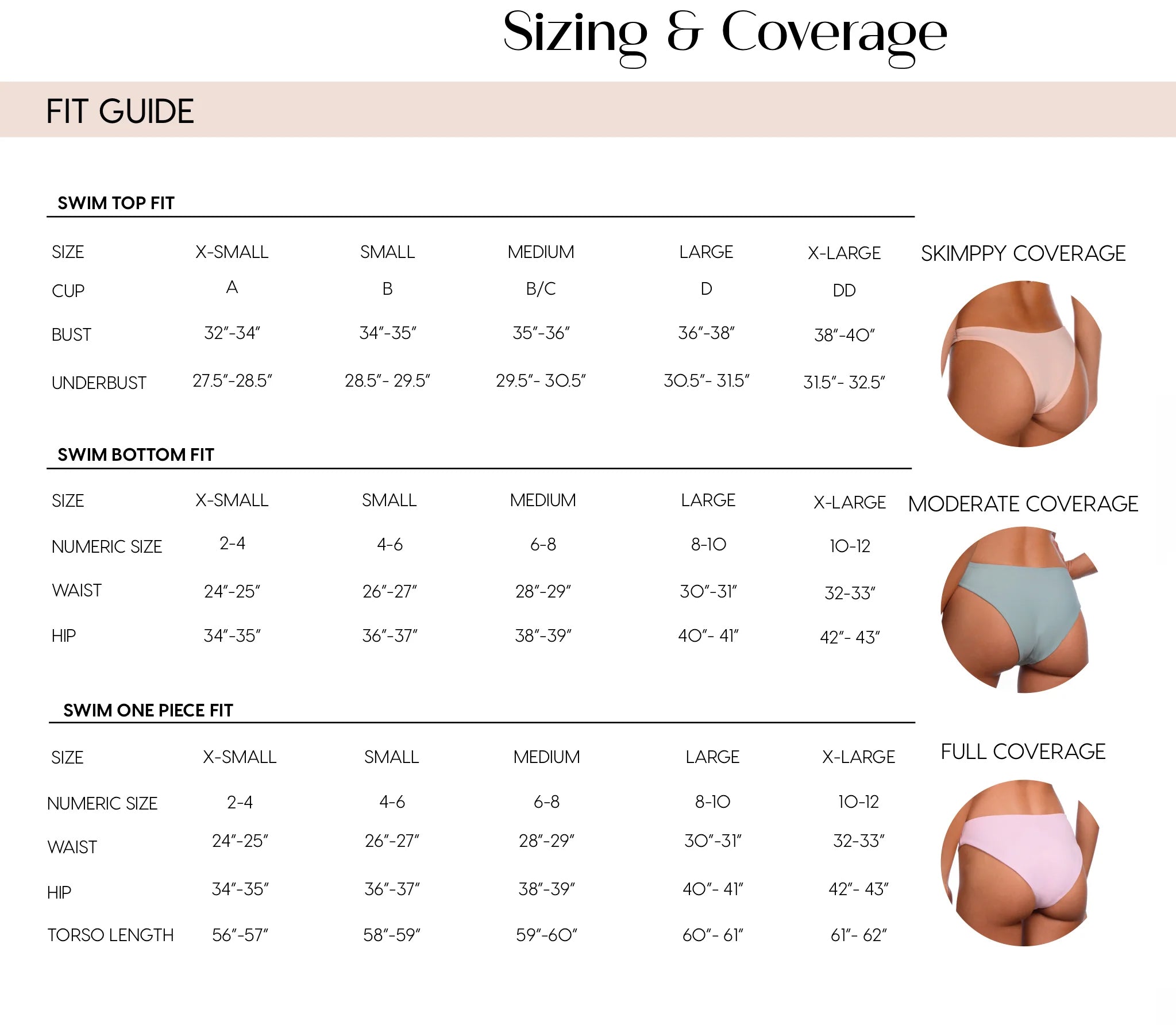 Kya Swimwear size guide chart